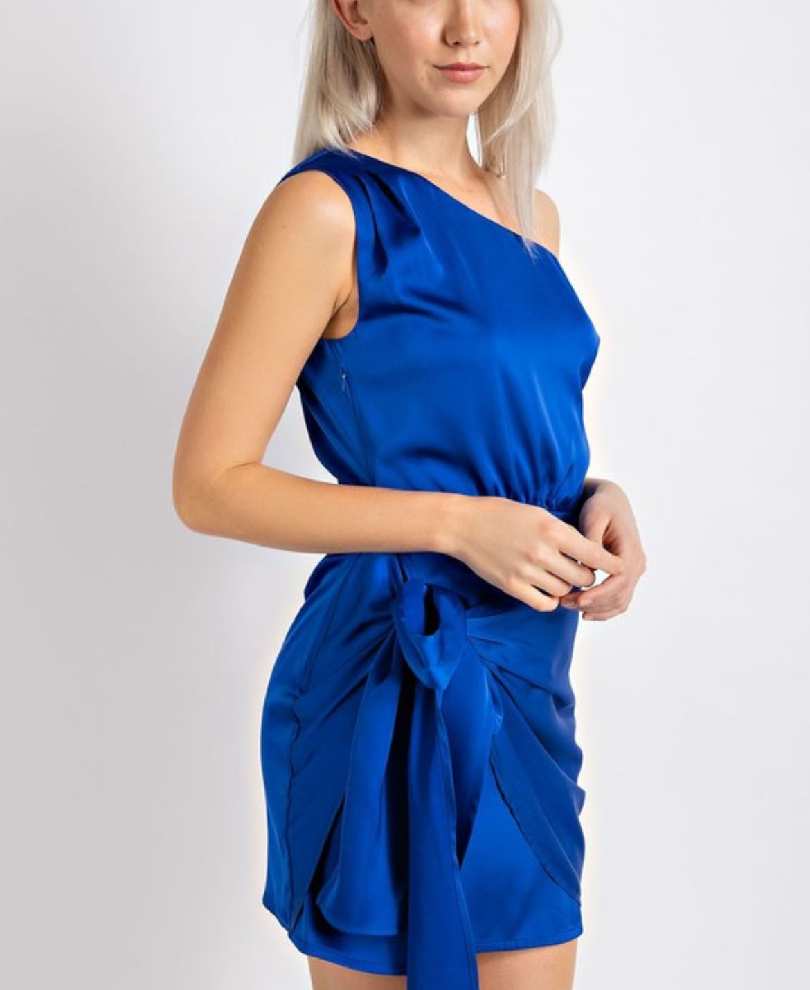One-Shoulder Satin Mini Dress with Tie – Royal Blue