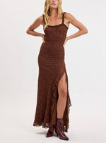 Chocolate Brown Lace Ruffle Maxi Dress
