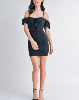 Black Off-Shoulder Ruched Mini Dress. Black