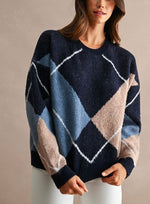 Navy Blue Argyle Knit Sweater