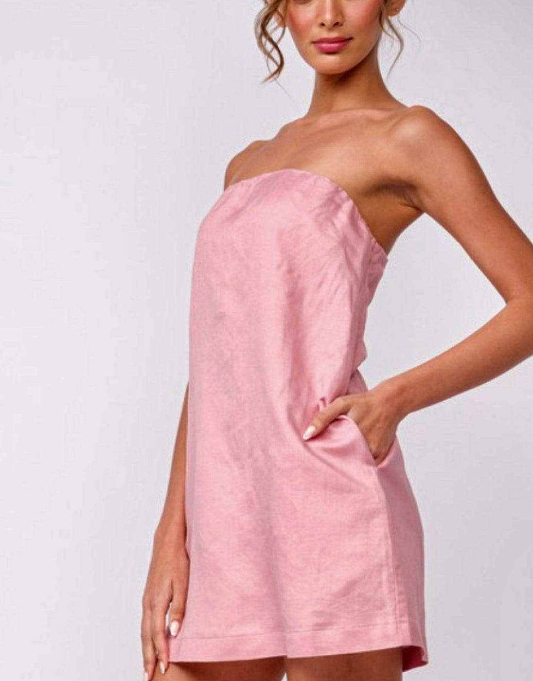 gorgeous pink strapless linen Aline mini dress