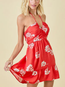 Tropic Bloom Halter Mini Dress – Red Floral