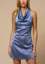 Blue Satin Jacquard Halter Mini Dress