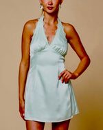 Sage lace trim satin halter mini dress