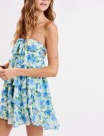Blue Floral Strapless Ruffle Mini Dress