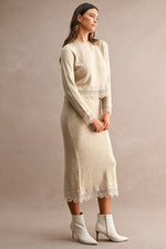Light Taupe Lace Trim Knit Sweater