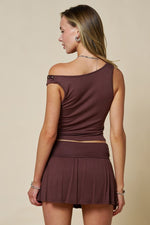 Brown Studded Off-Shoulder Top & Skort Set (Sold Separately