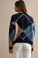 Navy Blue Argyle Knit Sweater