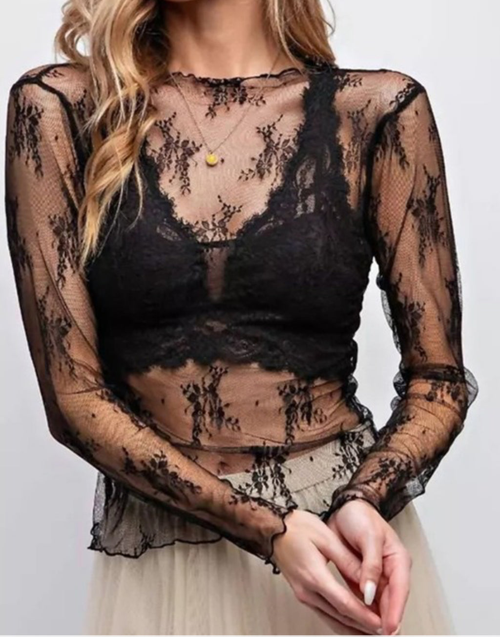 Sheer floral lace top. black - tan
