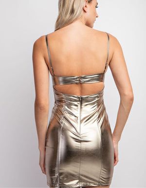 Gold metallic mini dress with rosette Detail S / Gold Gold metallic mini dress with rosette Detail S / Gold