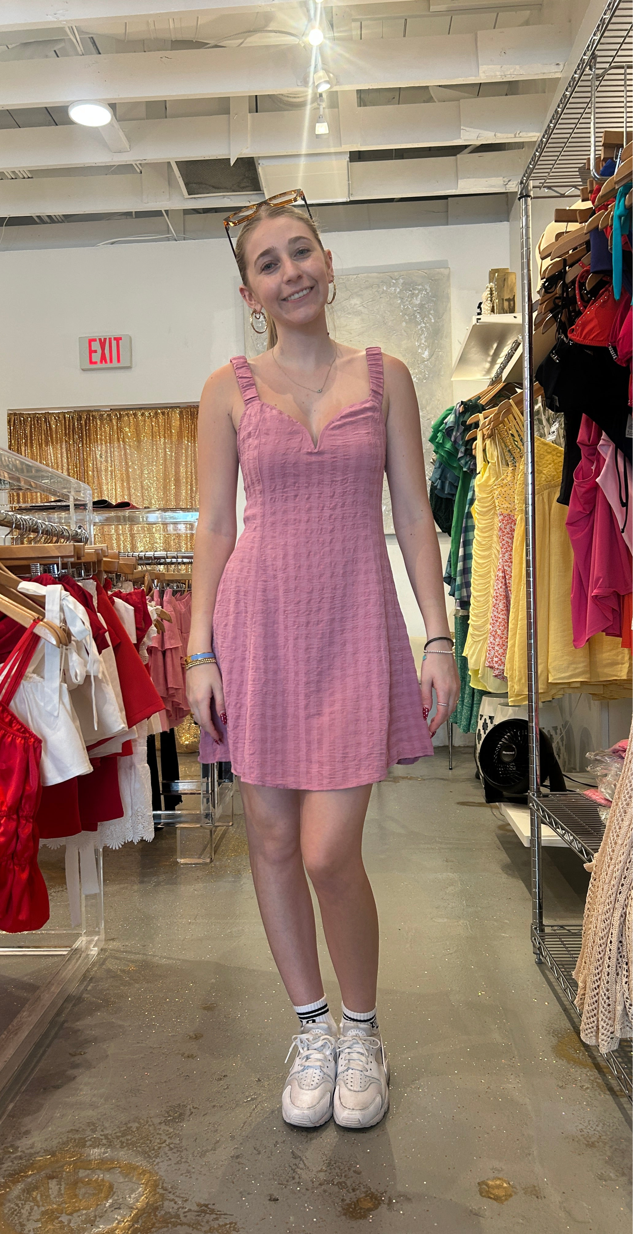 Dusty pink textured mini dress with back detail