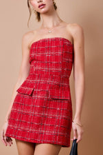 Red Plaid Tweed Strapless Mini Dress