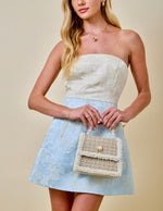 Blue Floral Jacquard Strapless Mini Dress