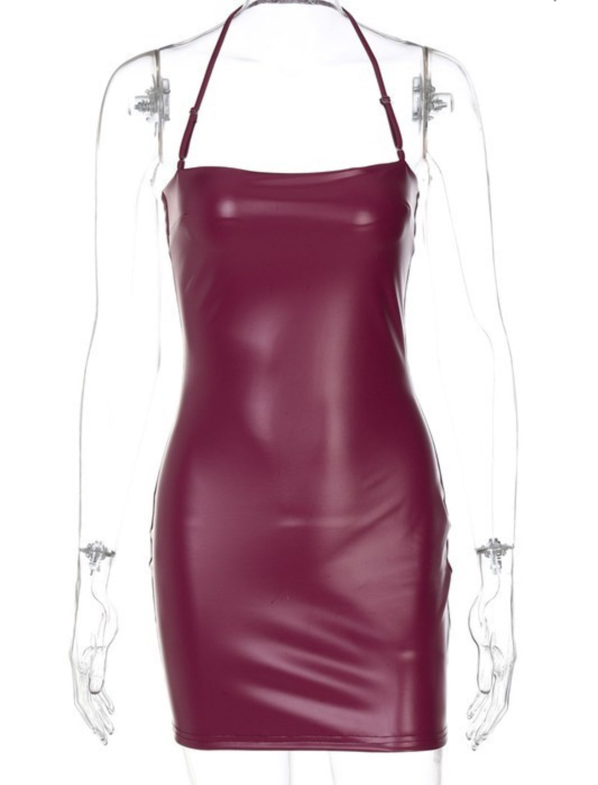 Halter Back Zipper Mini Bodycon PU Leather Dress - SHExFAB Burgundy / S Halter Back Zipper Mini Bodycon PU Leather Dress - SHExFAB Burgundy / S