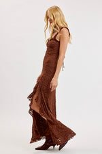 Chocolate Brown Lace Ruffle Maxi Dress