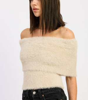Fuzzy Off-Shoulder Sweater Top 🤍cream