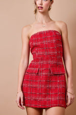 Red Plaid Tweed Strapless Mini Dress