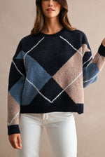 Navy Blue Argyle Knit Sweater