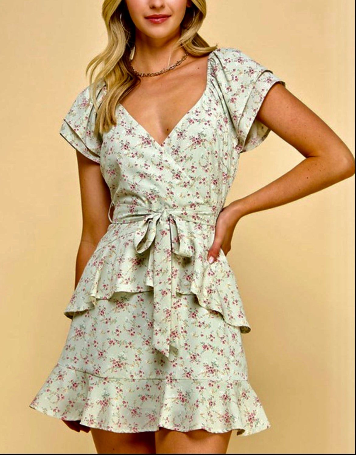 Sage mini dress with cap sleeves- soft green M / Floral / Everyday Sage mini dress with cap sleeves- soft green M / Floral / Everyday