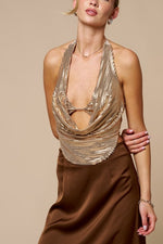 Gold Metallic Mesh Cowl Neck Halter Top