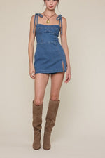 Blue Denim Tie-Shoulder Mini Dress