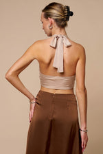 Gold Metallic Mesh Cowl Neck Halter Top