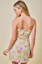 Floral jacquard strapless mini dress with slit- pink multi