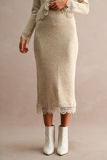 Light Taupe Lace Trim Knit Midi Skirt