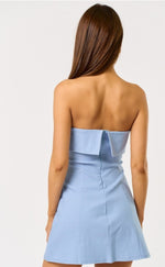 Sharon Strapless Bow Detail Mini Dress. White - blue