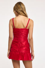 Red Satin-Look Ruched Ruffle Mini Dress