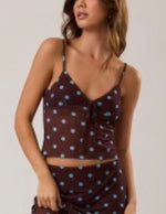 Brown Polka Dot Mesh Cami Top and skirt set
(Sold Separately)