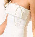 Sharon Strapless Bow Detail Mini Dress. White - blue