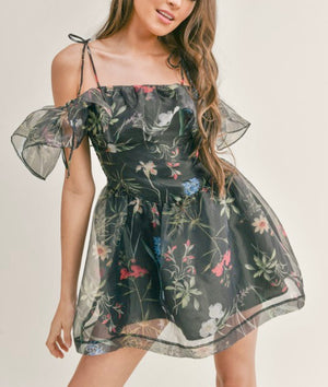 🌸 Sheer floral organza Off-Shoulder Mini Dress
