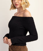 Sofie Off-Shoulder Fuzzy Knit Sweater. Black