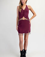 Burgundy Beaded Fringe Halter Two piece set-burgundy