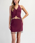 Burgundy Beaded Fringe HalterTwo piece skirt set(sold separately)
