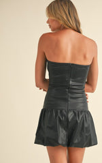 Sabrina Faux Leather Strapless bubble-hem Mini Dress- black