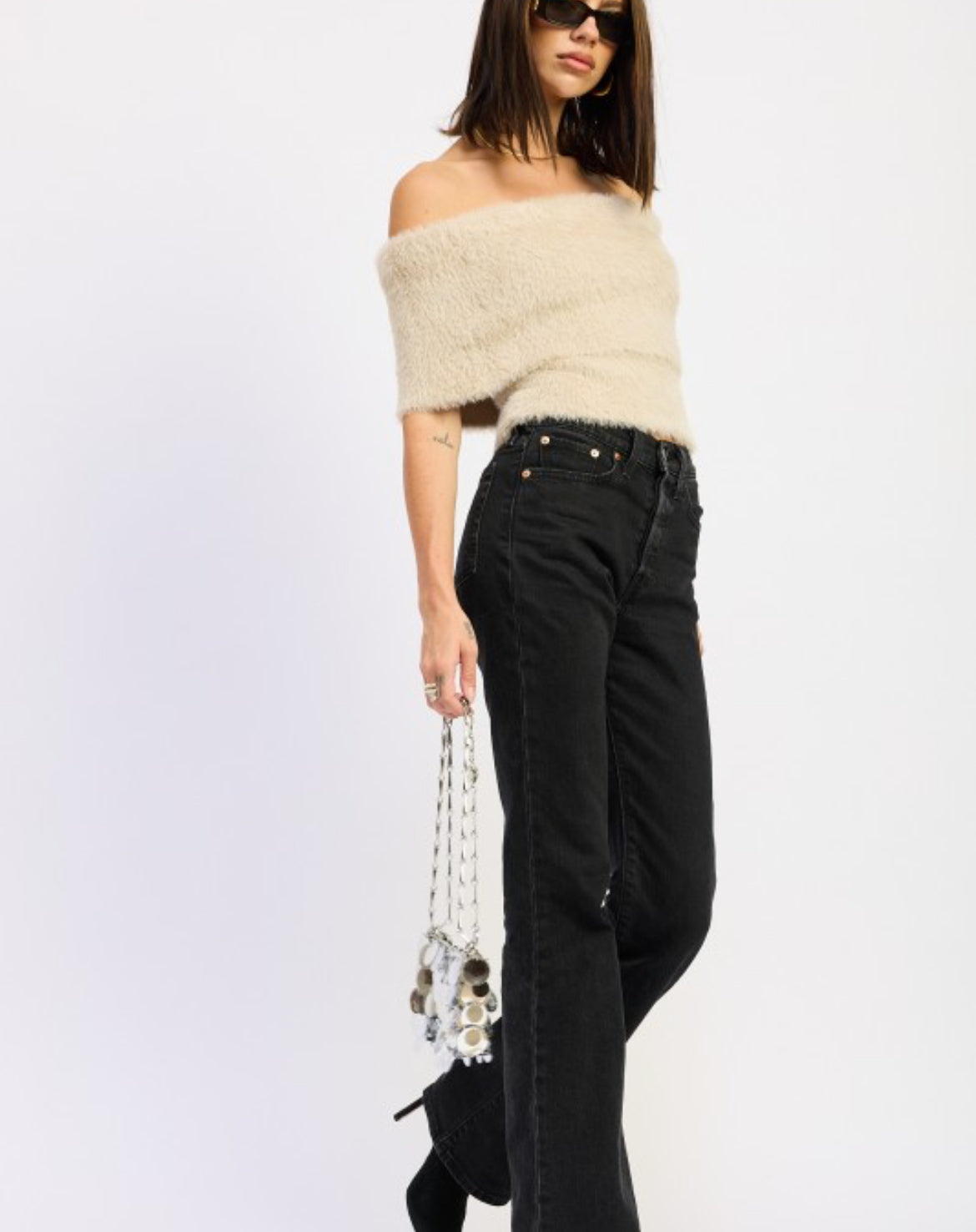 Fuzzy Off-Shoulder Sweater Top 🤍cream