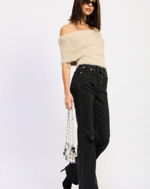 Fuzzy Off-Shoulder Sweater Top 🤍cream