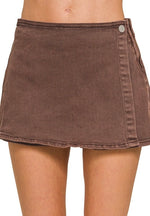 Brown Washed Denim Wrap Skort
