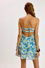 Blue Floral Strapless Ruffle Mini Dress