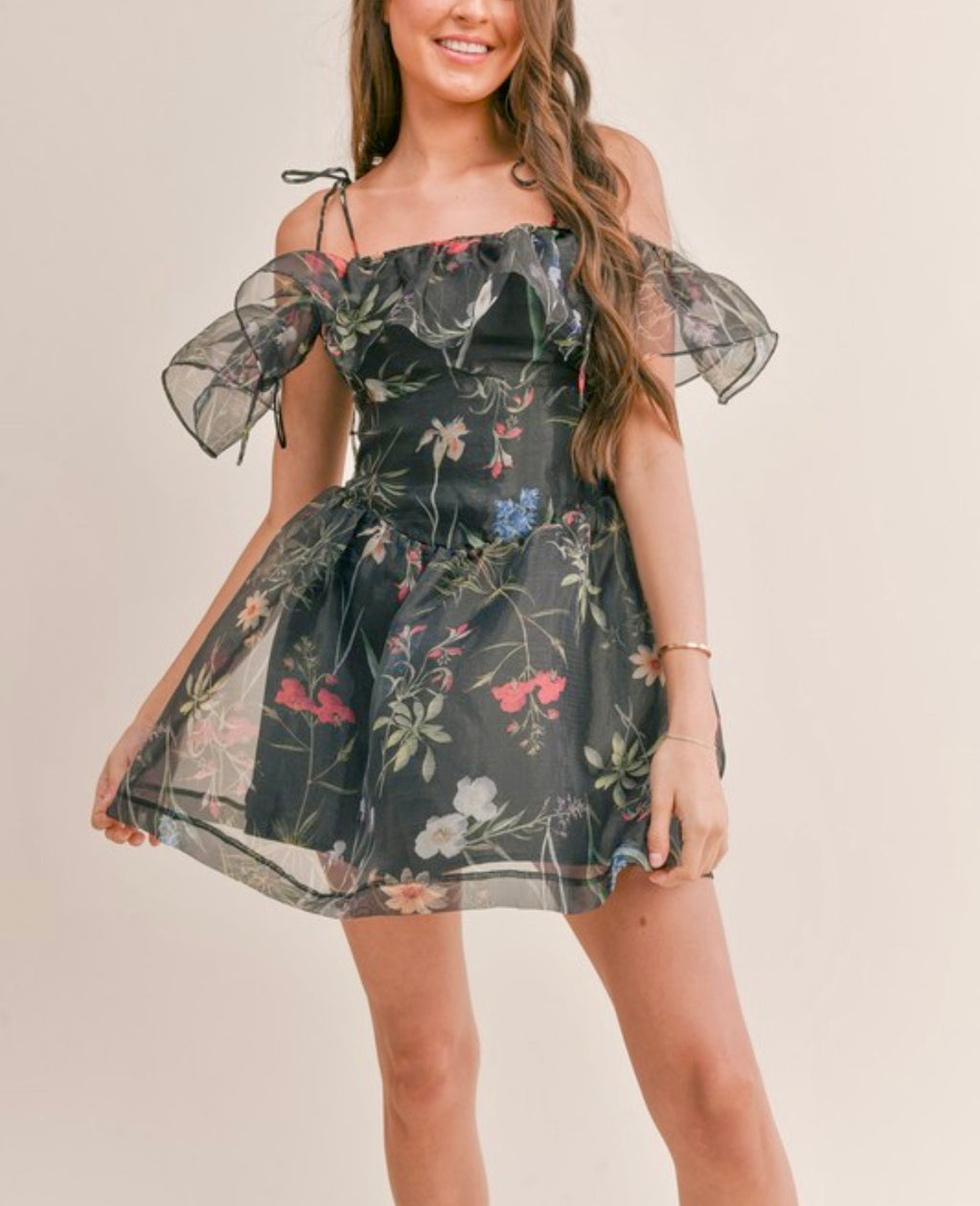 🌸 Sheer floral organza Off-Shoulder Mini Dress