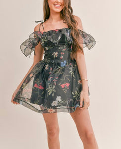 🌸 Sheer floral organza Off-Shoulder Mini Dress