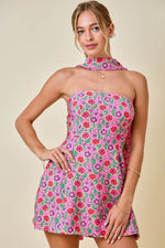 Pink Floral Strapless Mini Dress with Scarf