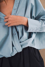 Dusty Blue Twist-Front Button Down Top