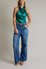 Emerald Green Satin Cowl Neck Halter Top