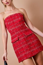 Red Plaid Tweed Strapless Mini Dress