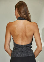Black Shimmer Open-Back Halter Top- dark silver