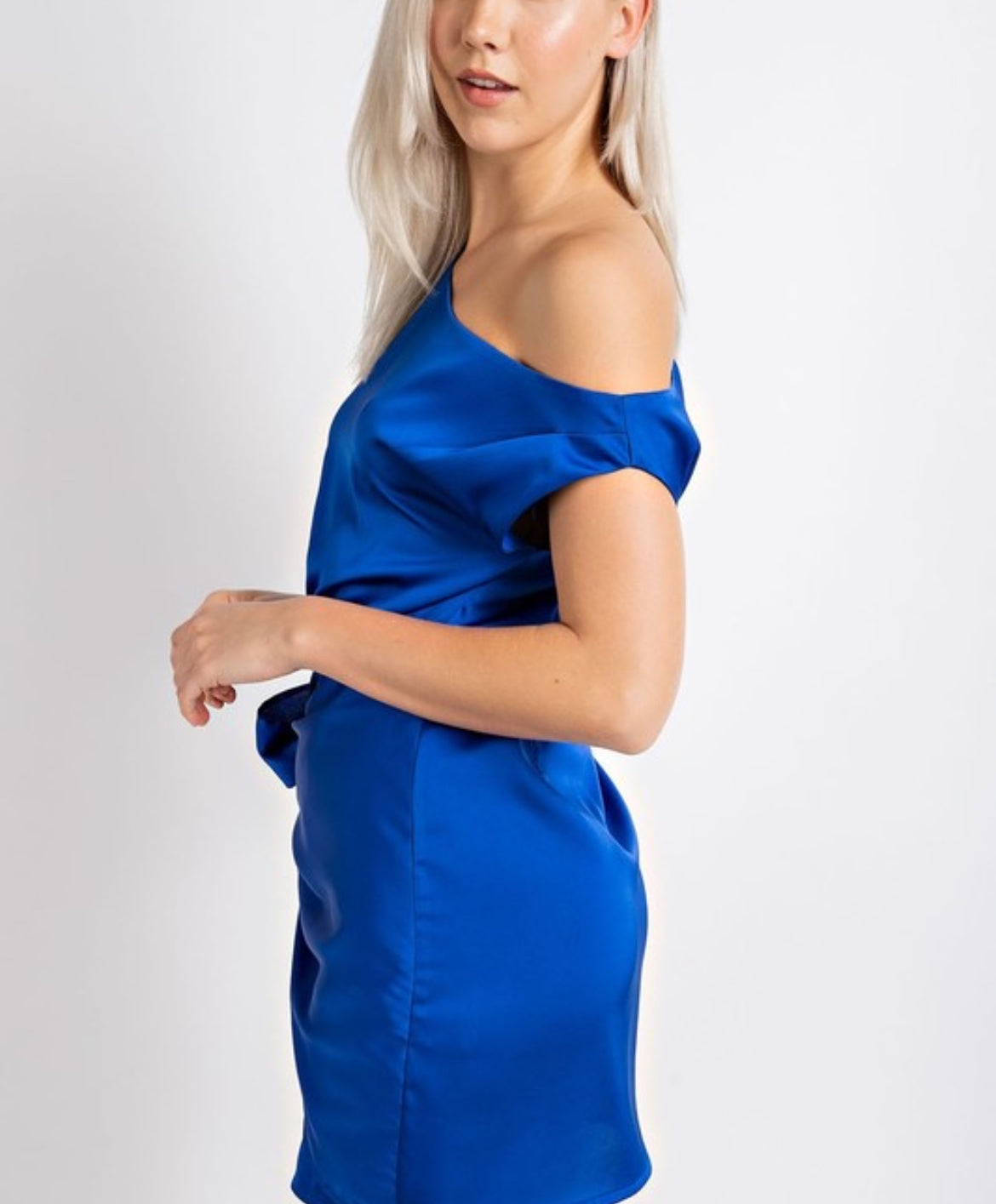 One-Shoulder Satin Mini Dress with Tie – Royal Blue