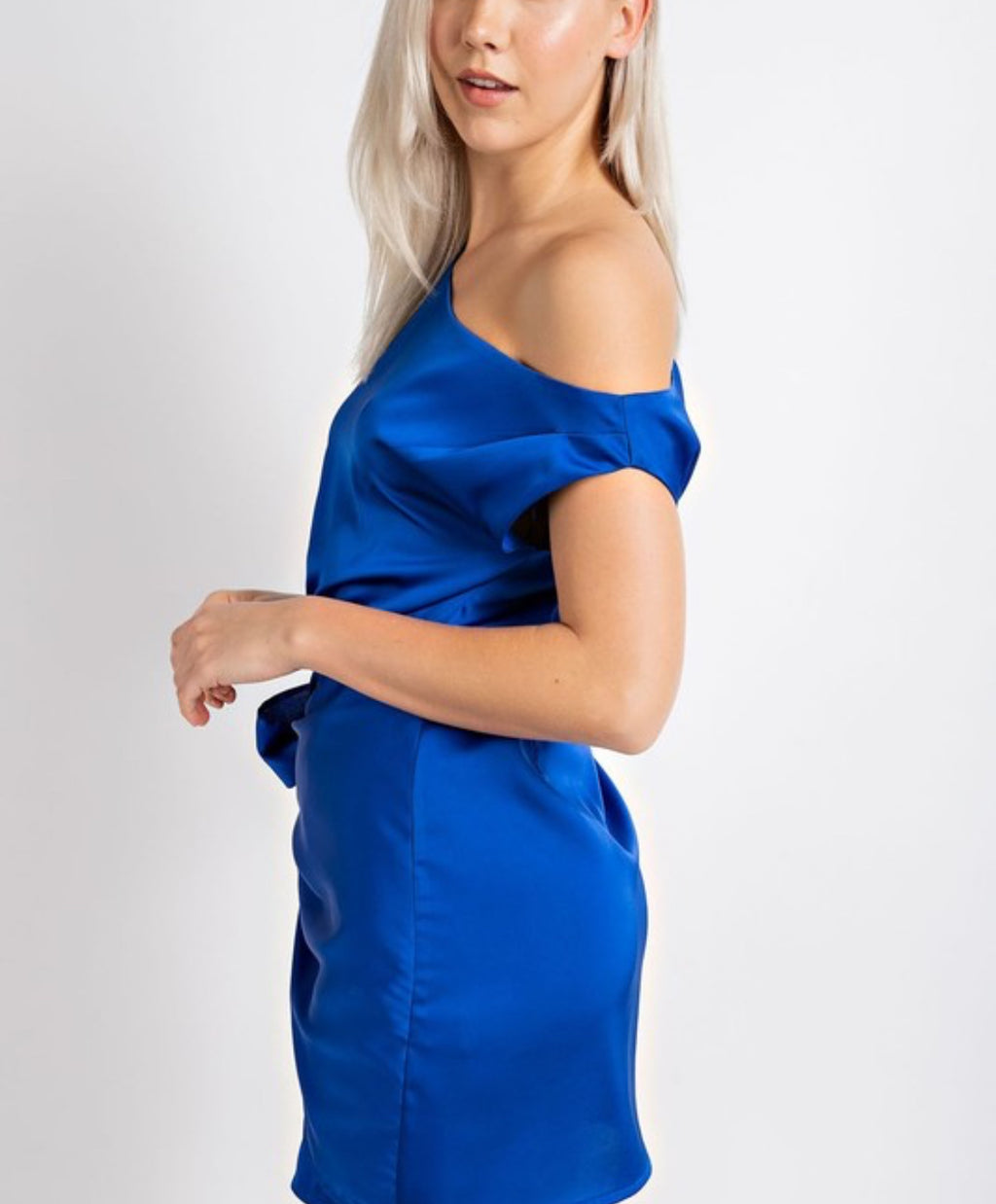 One-Shoulder Satin Mini Dress with Tie – Royal Blue